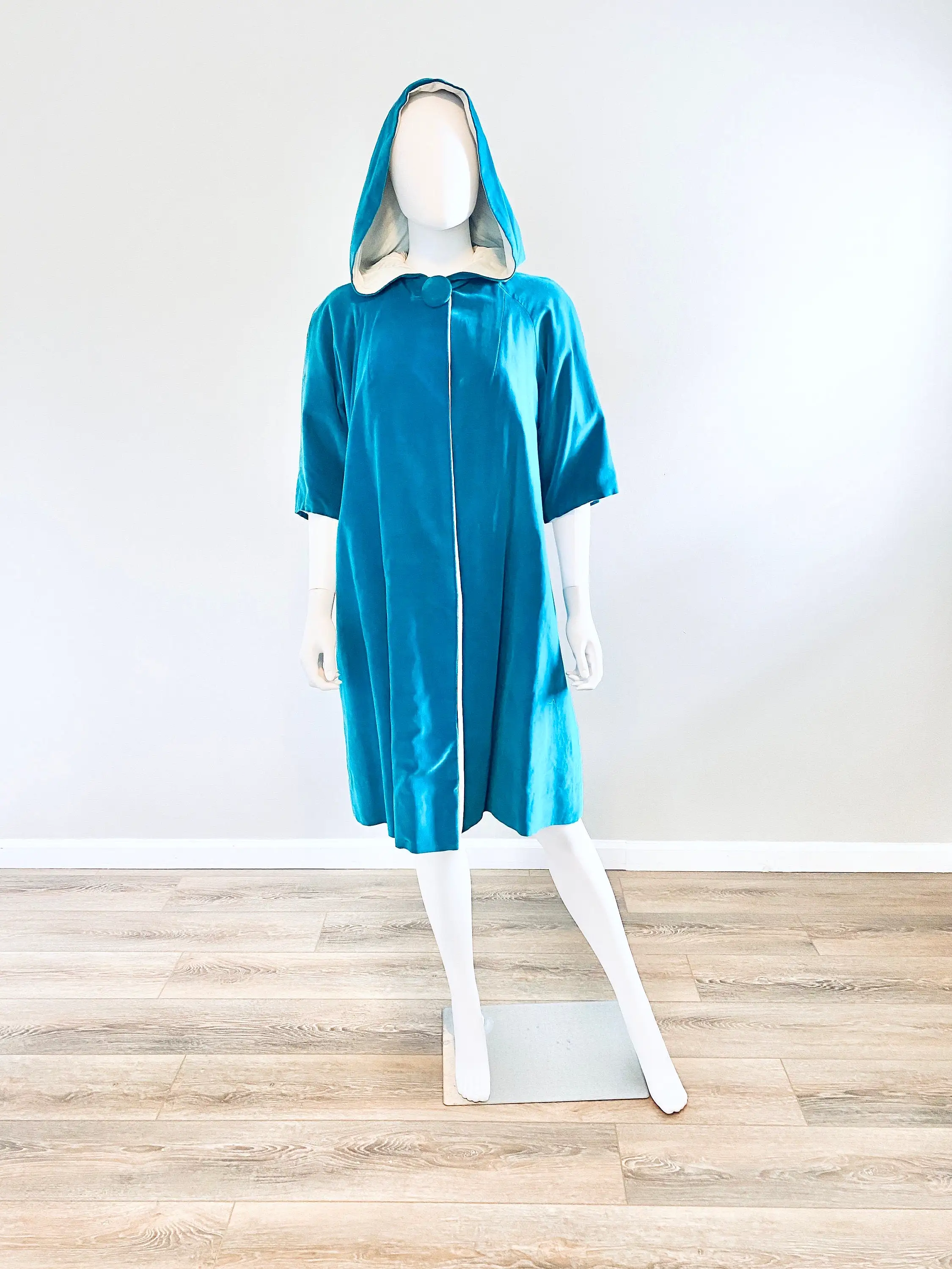 Vintage 1950s Hooded Velvet Aqua Coat / 50s Swing Coat / One Size