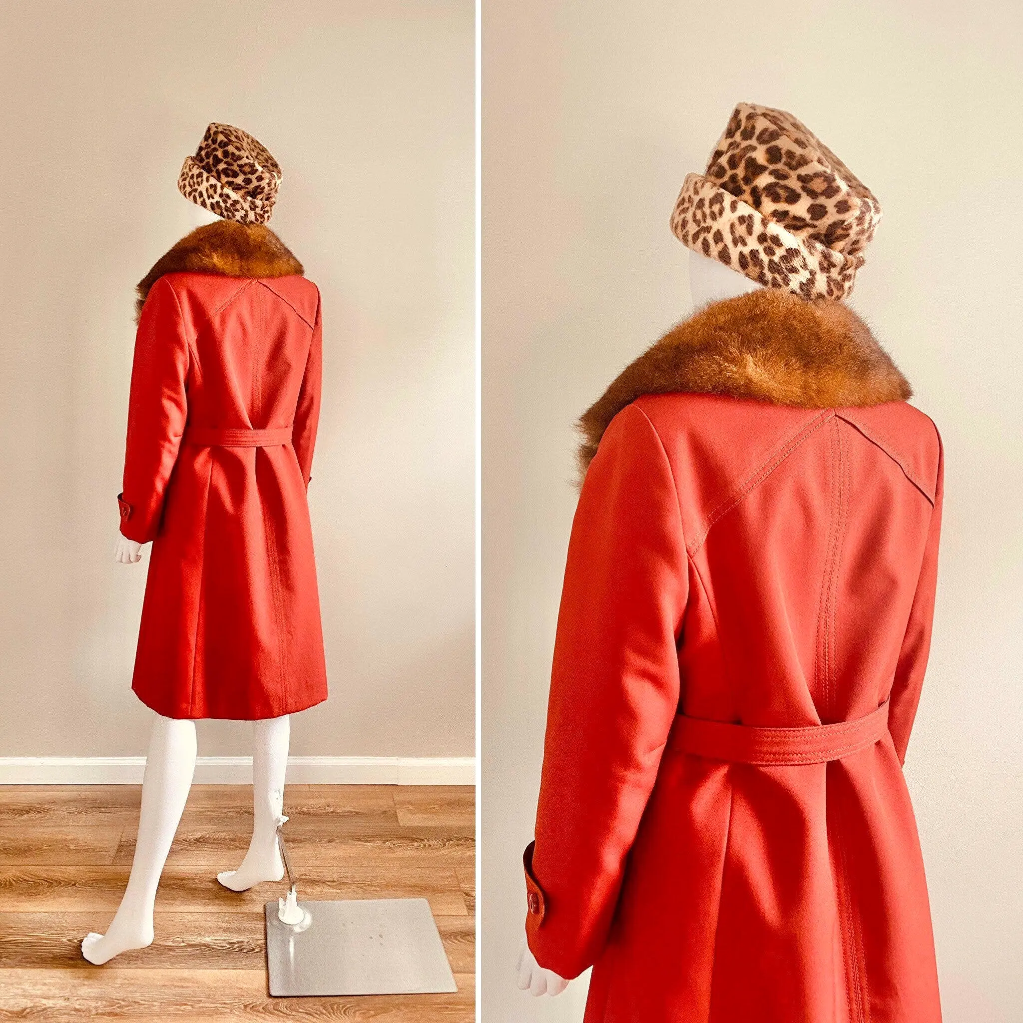 Vintage 1970s Rust Trench Coat with Fur Trim / 70s winter jacket Size S