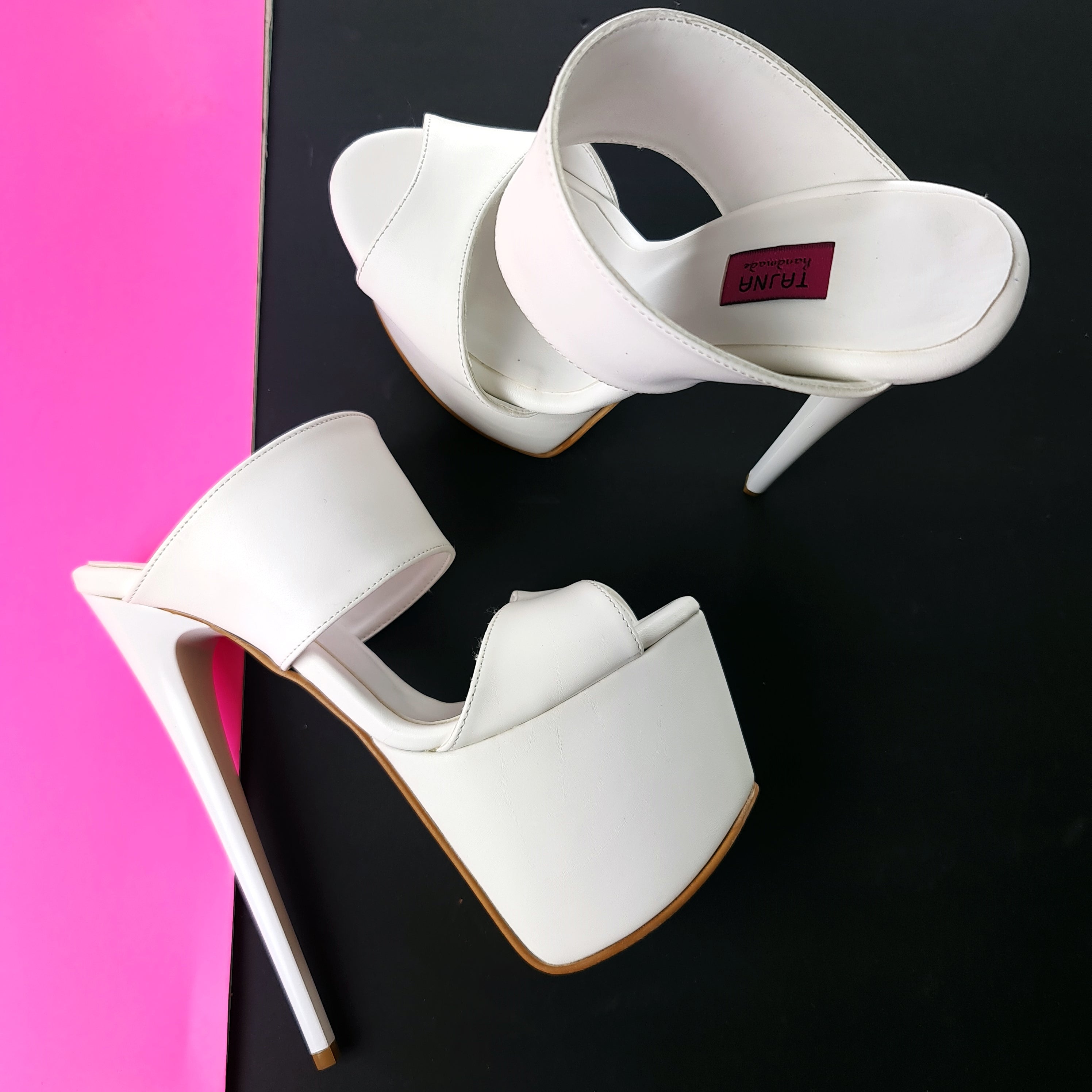 White Double Strap High Heel Platform Mules