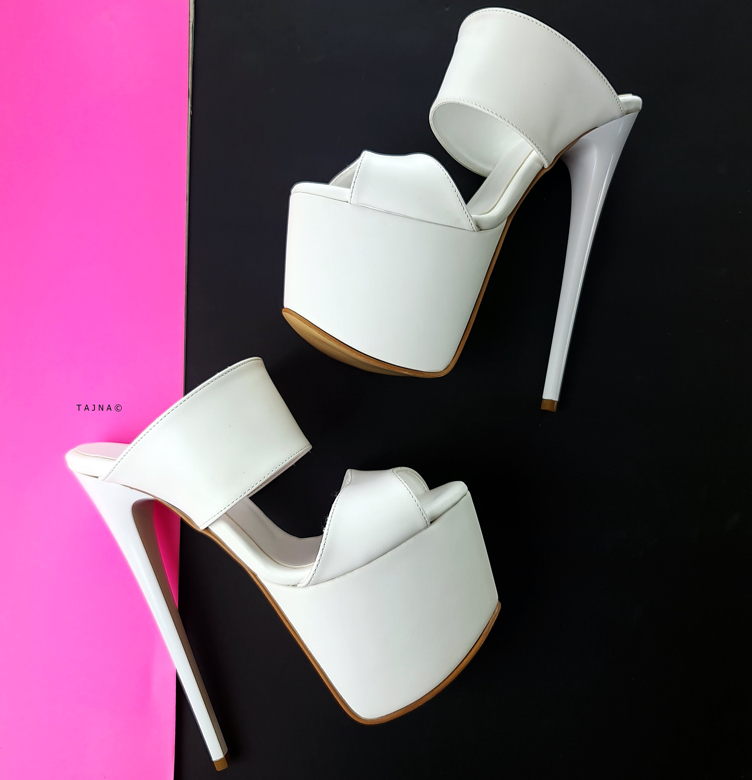 White Double Strap High Heel Platform Mules