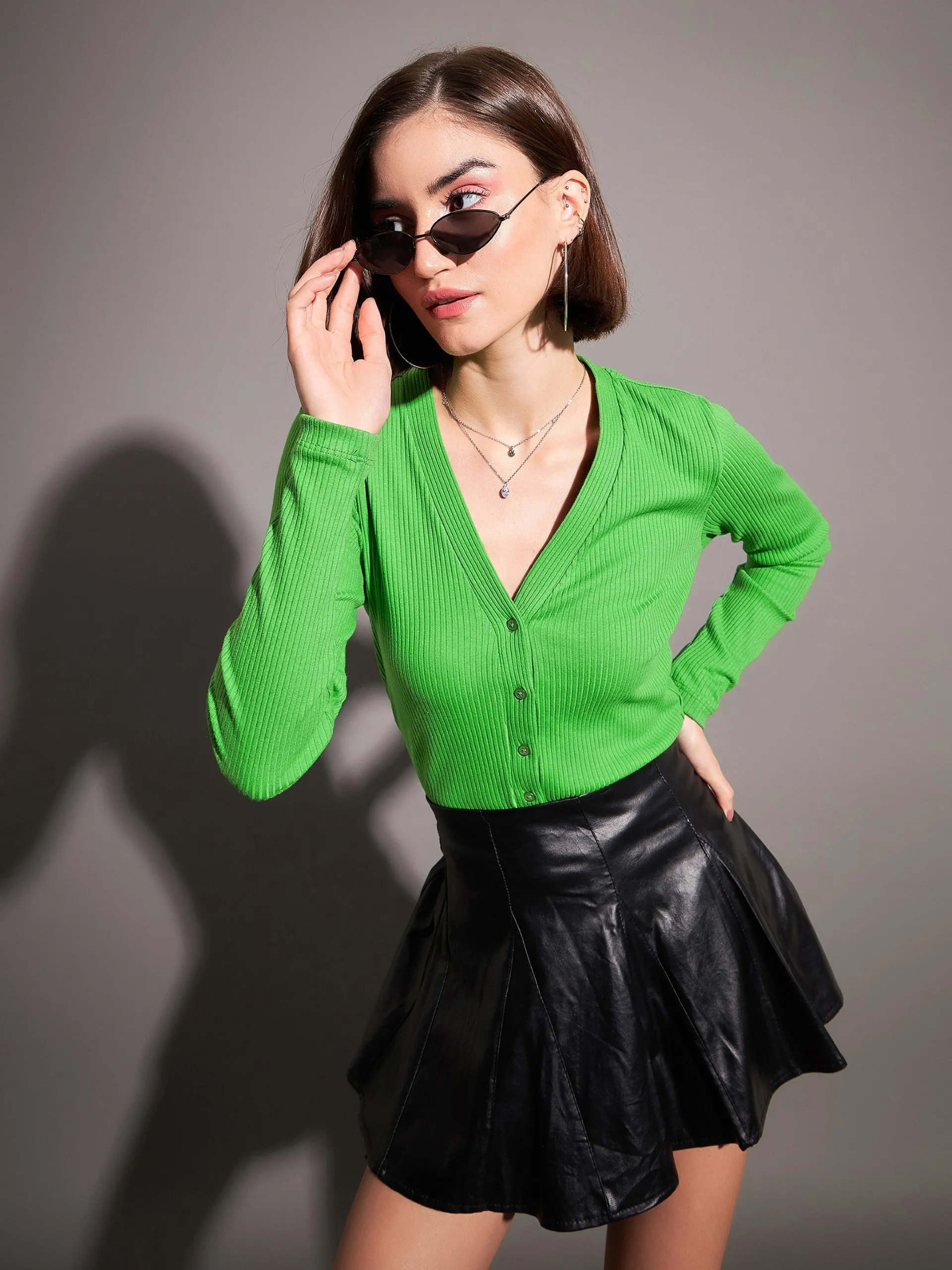 Women Green Rib Front Open Cardigan Top