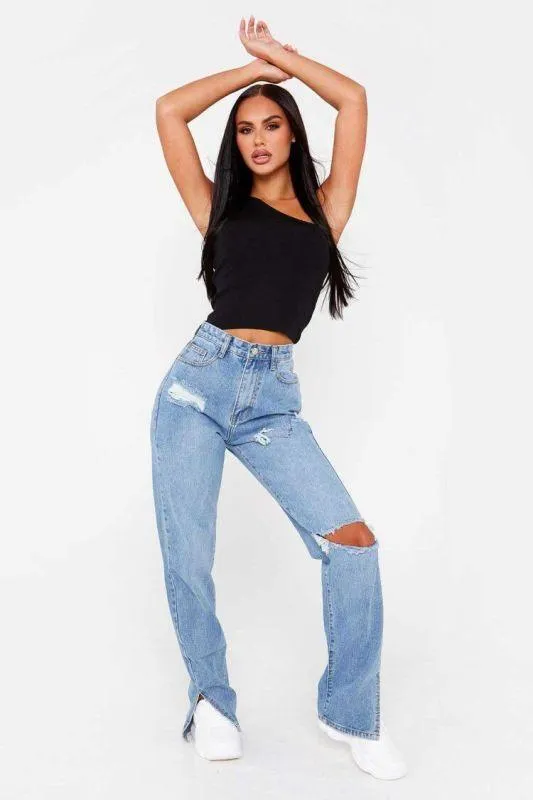 Women Straight Ripped Jeans With Ankle Slits