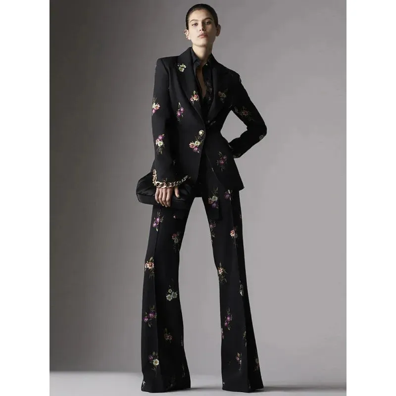 Women's High Street Style Floral Printed Single Button Blazer Flare Pants Set