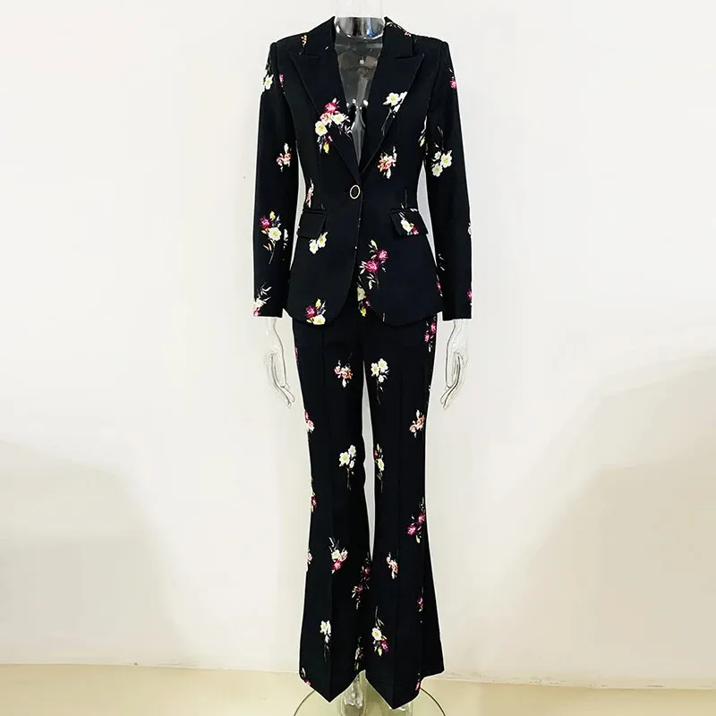 Women's High Street Style Floral Printed Single Button Blazer Flare Pants Set