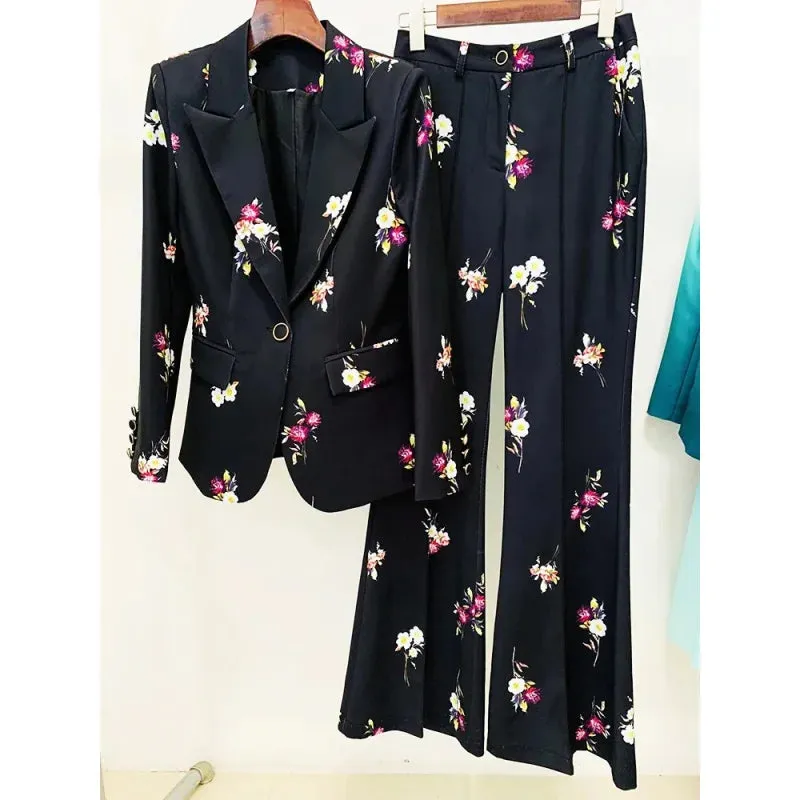 Women's High Street Style Floral Printed Single Button Blazer Flare Pants Set