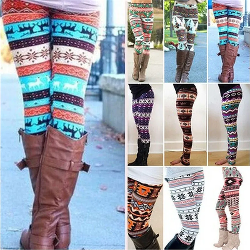 Women's Nordic Deer Snowflake Knitted Leggings Pants Elastic Lady's Leggings Multiple color 8 Styles SM6