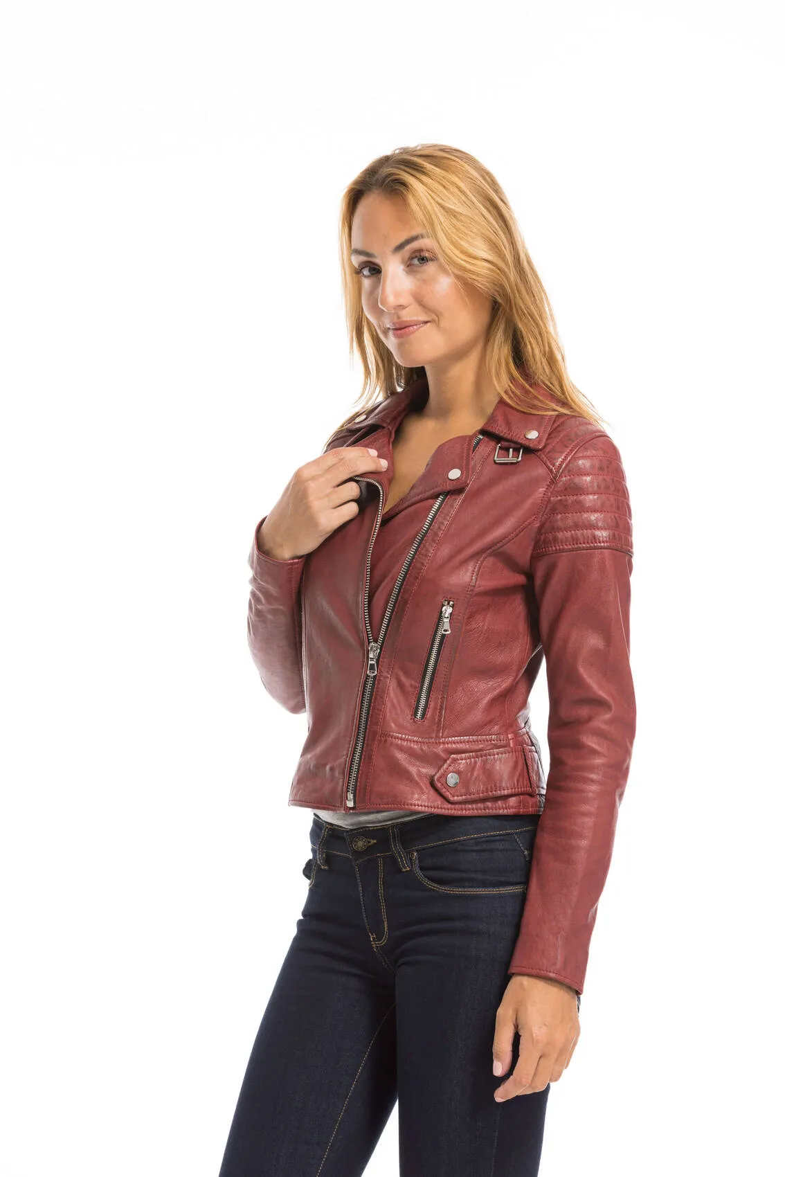 Women's red oakwood biker style leather jacket 64402