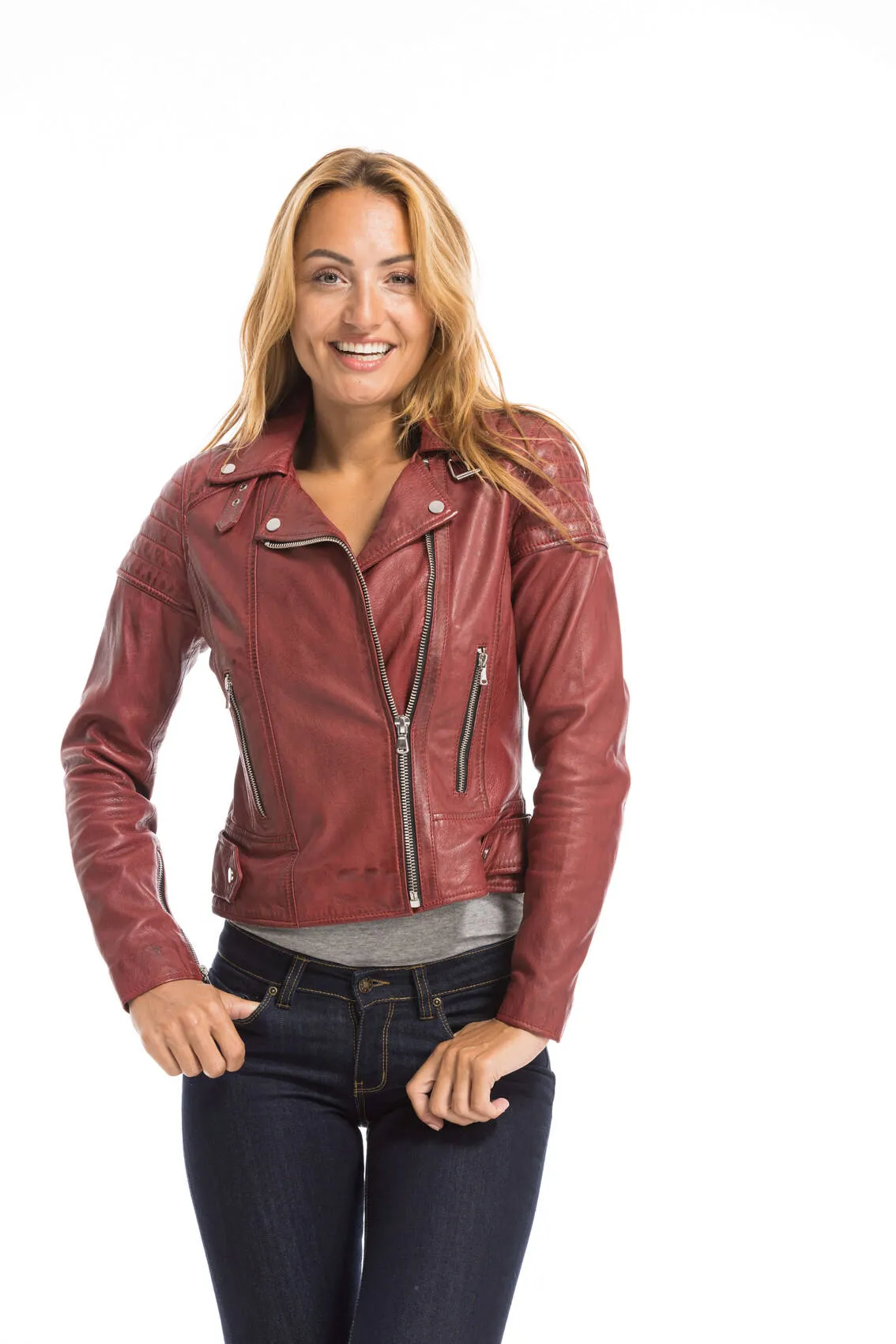 Women's red oakwood biker style leather jacket 64402