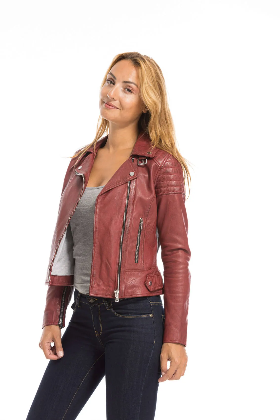 Women's red oakwood biker style leather jacket 64402