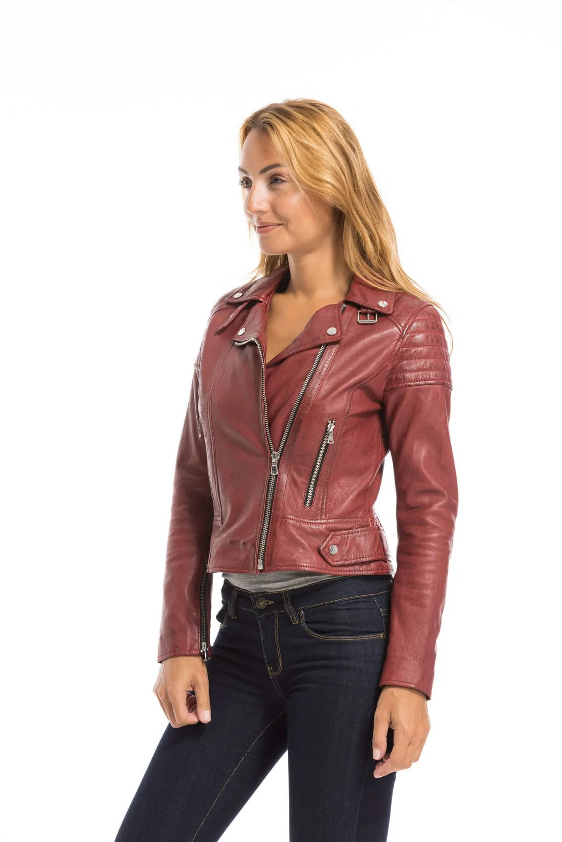 Women's red oakwood biker style leather jacket 64402