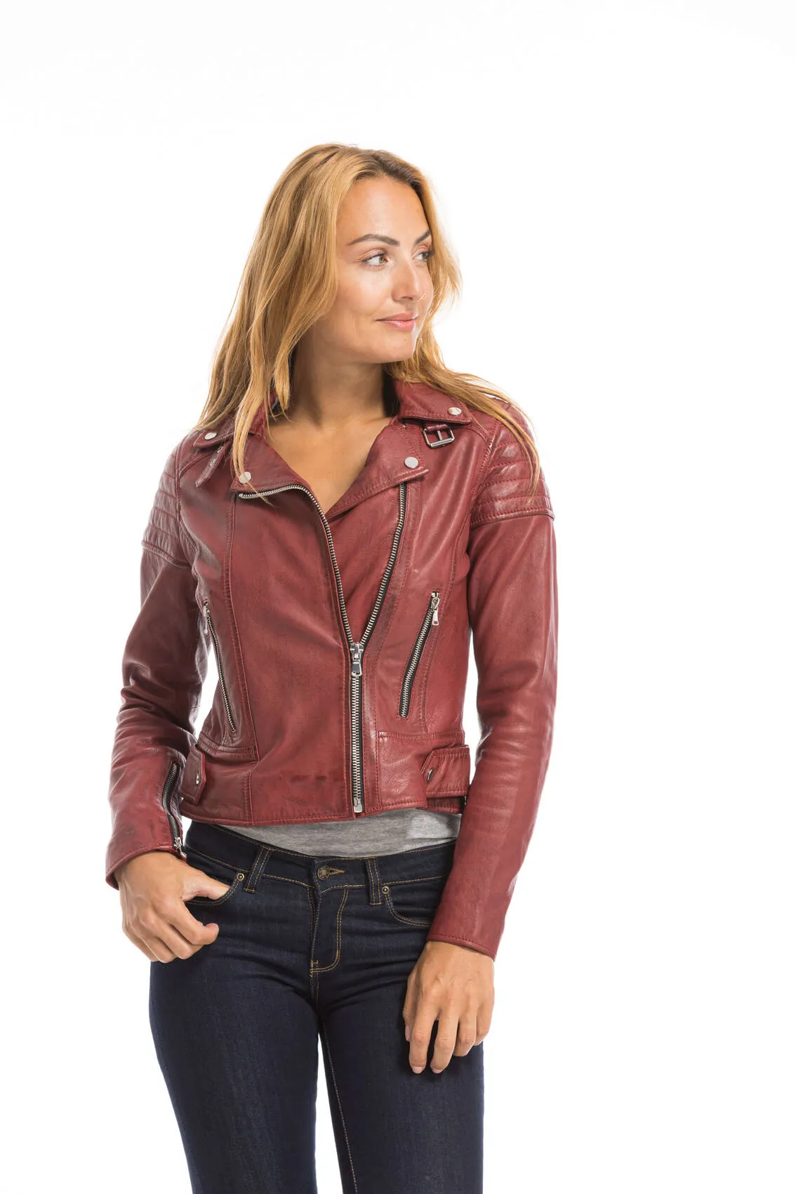 Women's red oakwood biker style leather jacket 64402