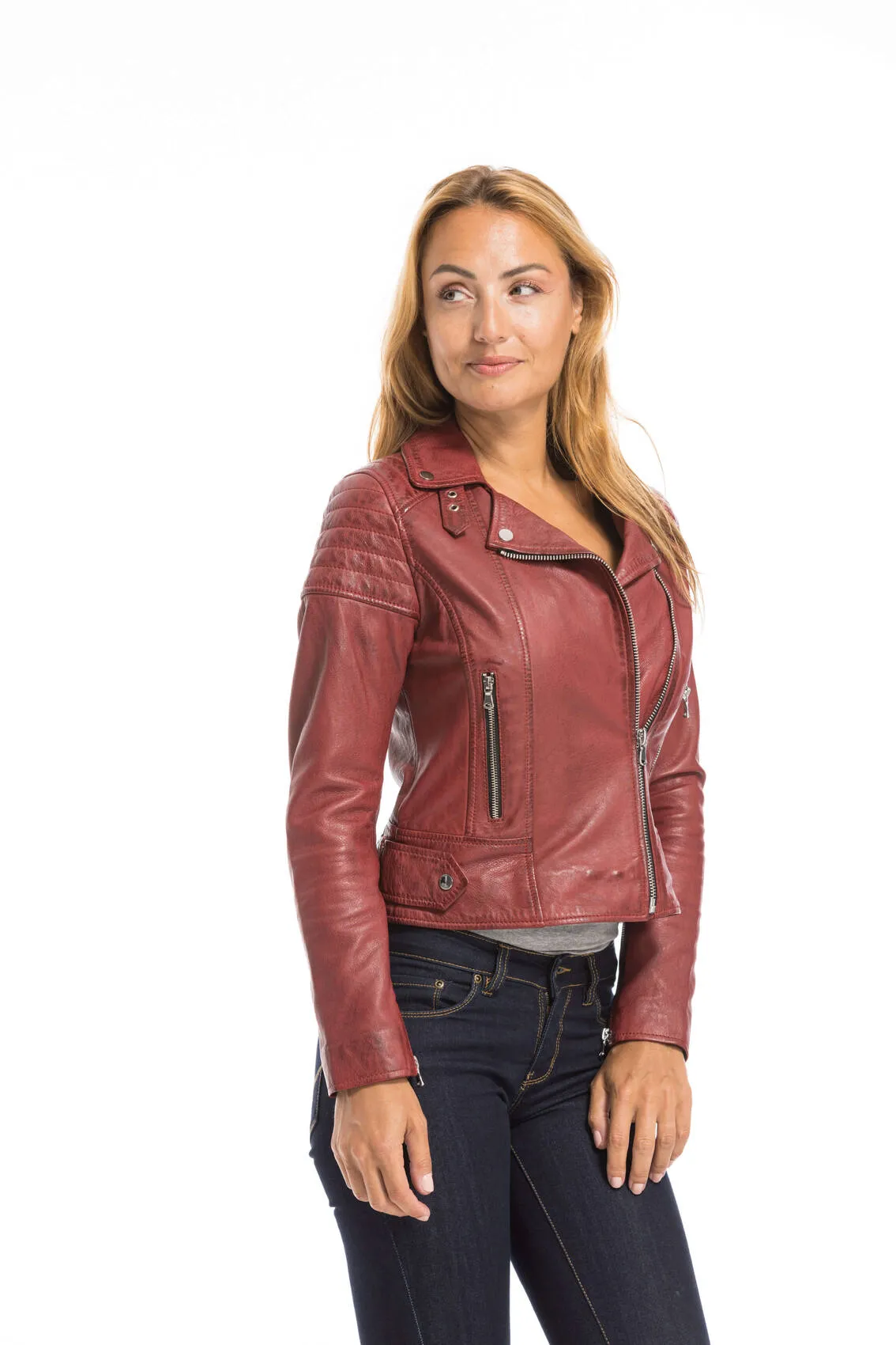 Women's red oakwood biker style leather jacket 64402