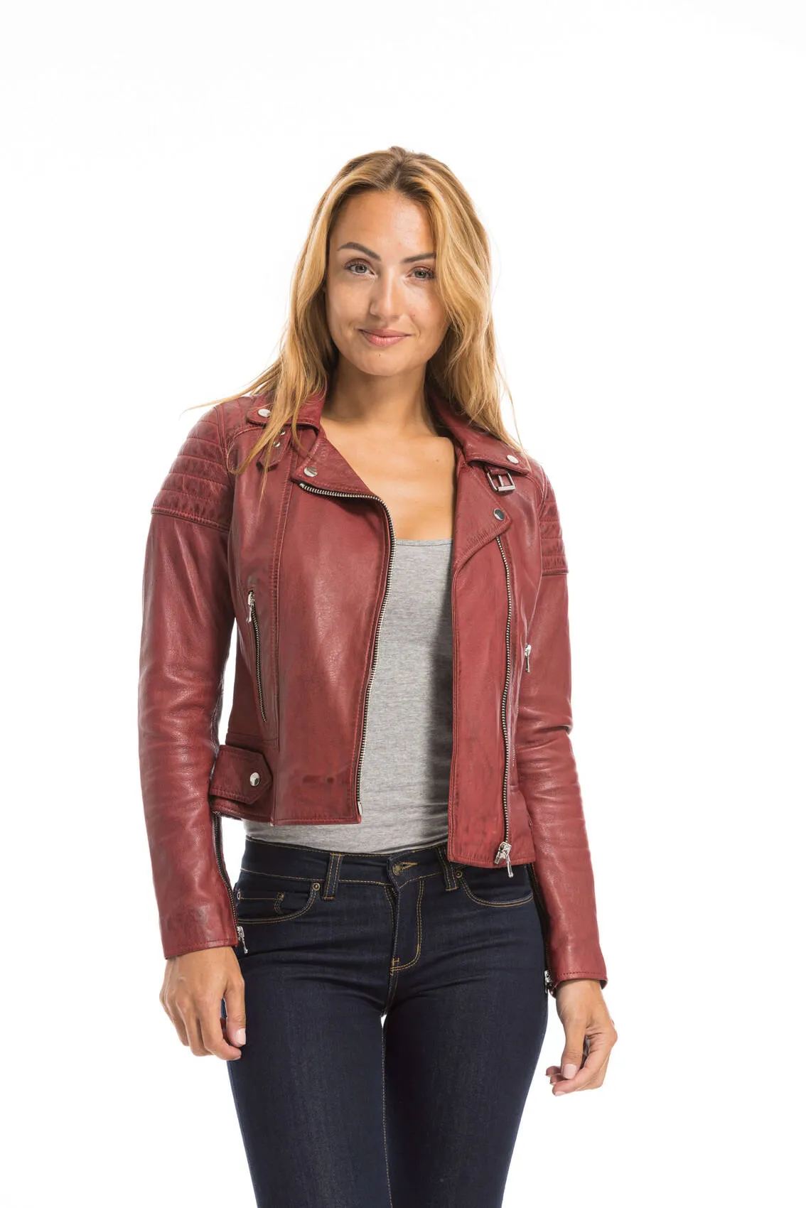 Women's red oakwood biker style leather jacket 64402