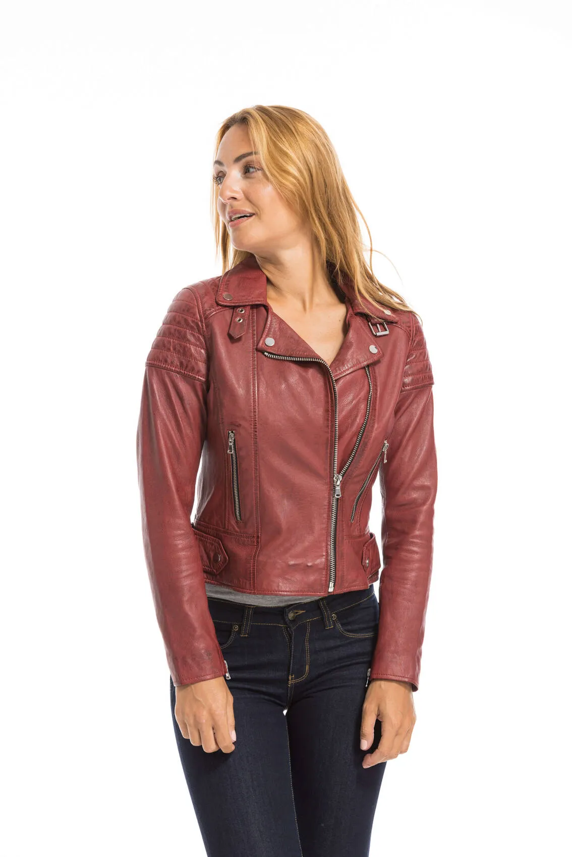 Women's red oakwood biker style leather jacket 64402