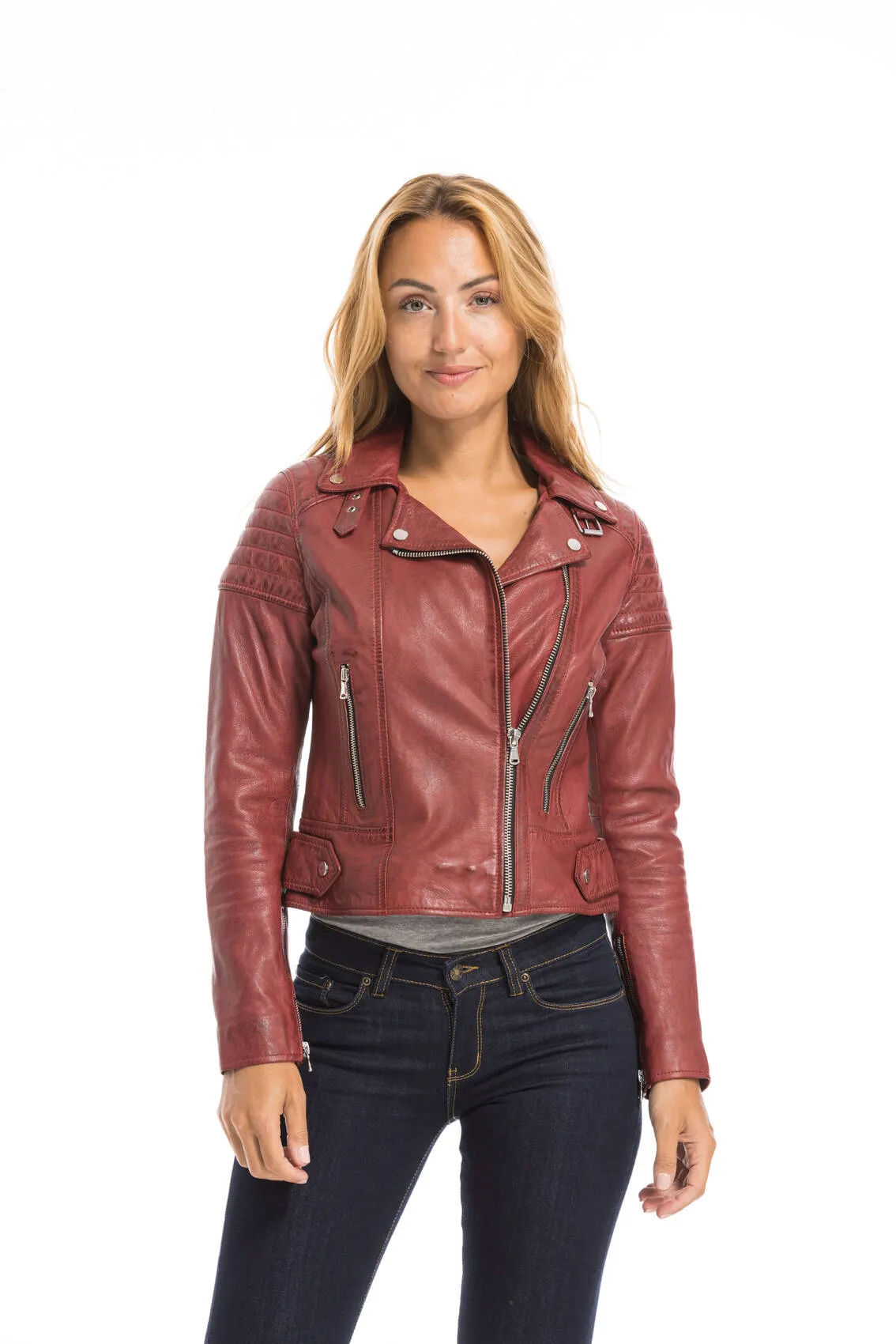 Women's red oakwood biker style leather jacket 64402