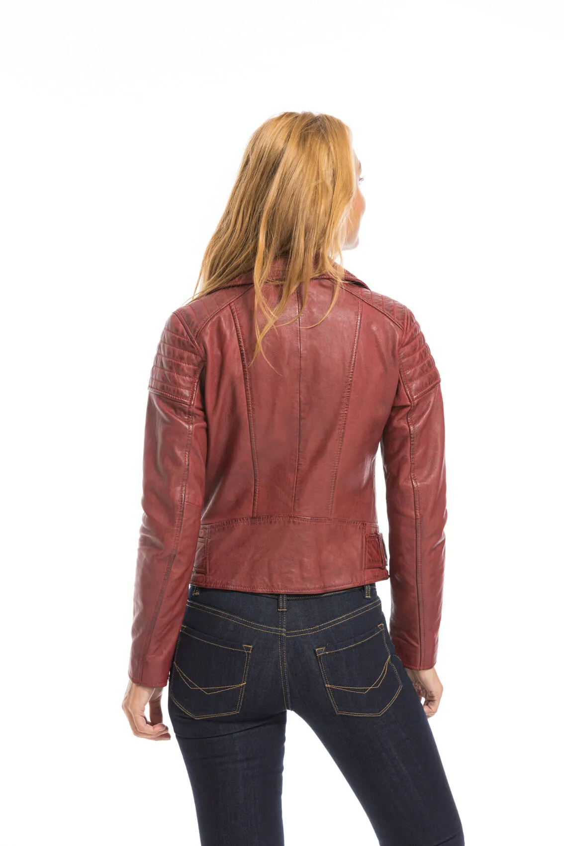 Women's red oakwood biker style leather jacket 64402