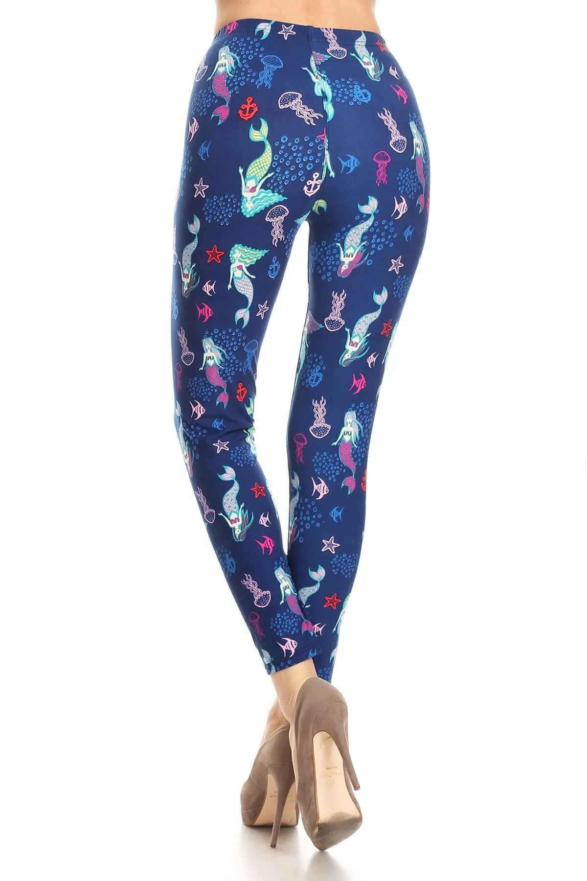 Women's Regular Mermaids & Fish Pattern Printed Leggings -Blue Red