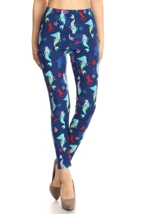 Women's Regular Mermaids & Fish Pattern Printed Leggings -Blue Red