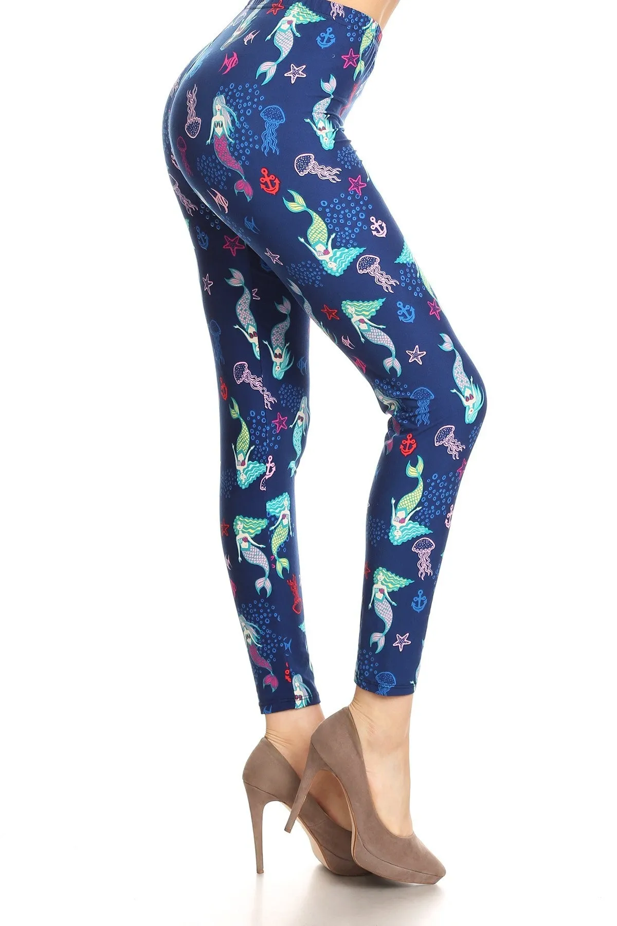 Women's Regular Mermaids & Fish Pattern Printed Leggings -Blue Red